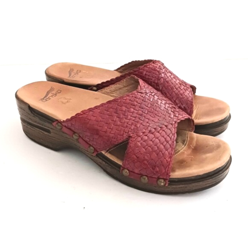 Dansko Mila Clog Sandal Dk Red Braided Leather Criss Cross Straps EU 39 US 8-8.5
